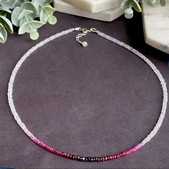 Genuine Ruby & Moonstone Beaded Choker Necklace in sterling silver - Picture 12 of 14